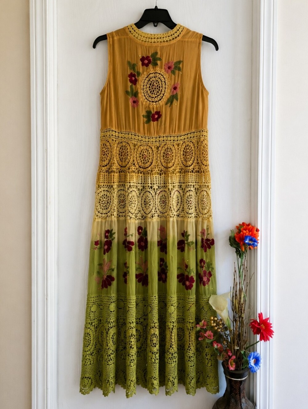 Boho Lace Embroidered Maxi Dress Vintage Inspired Crochet Boutique - Picture 8 of 14